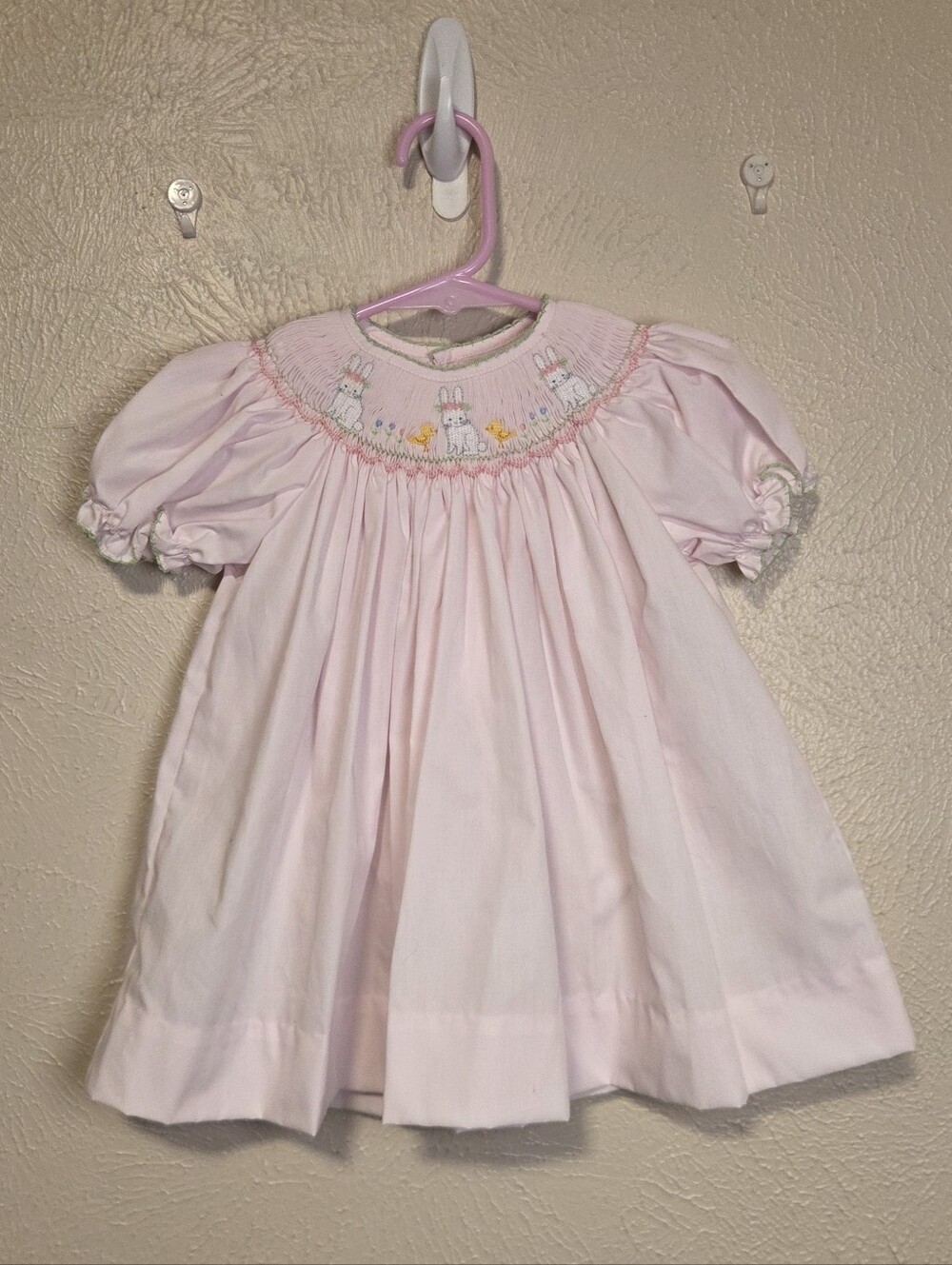 Petit Ami Smocked Bishop Dress Short Sleeve Ruffle Pink Embroidery Bunny 6 Month
